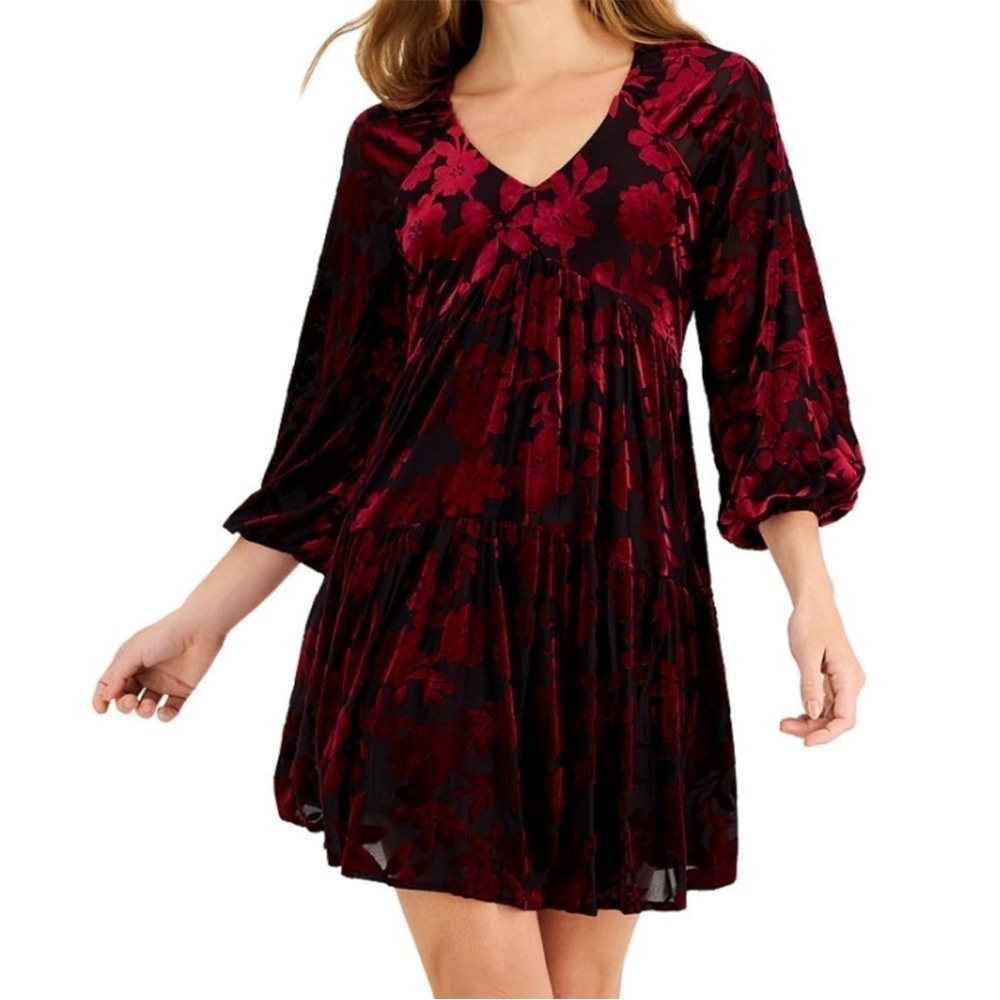 Taylor Velvet Burnout Long Sleeve Babydoll Dress Deep Red Wine Burgundy Floral 4